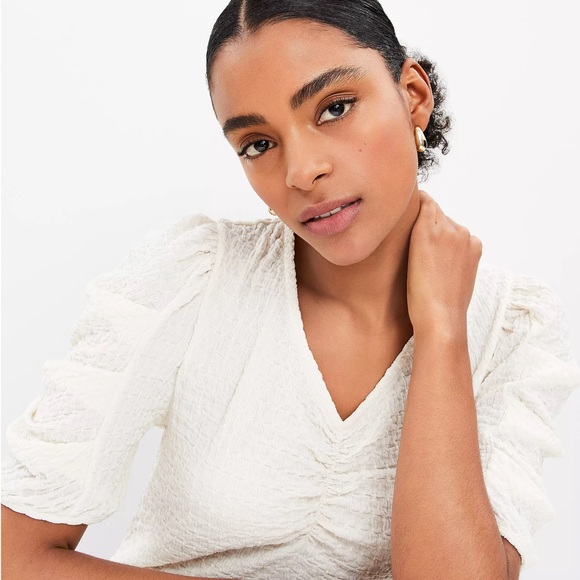 LOFT NWT XL Crinkle Pleated Sleeve Top in Sakura • Coral Pink Textured Blouse - Picture 10 of 12